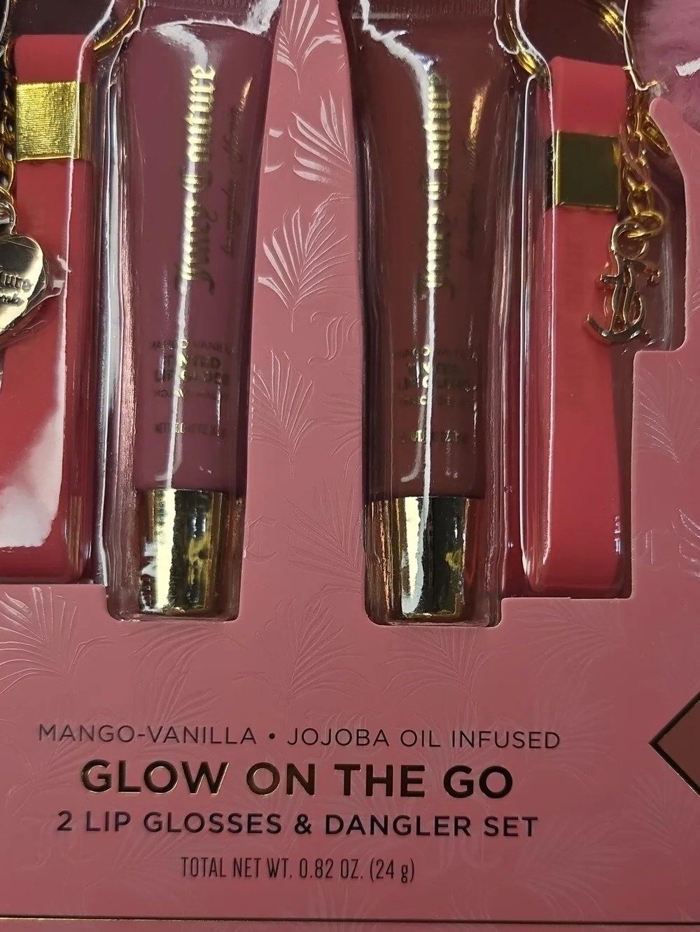 💕▪️Juicy Couture ▪️ 4pc Set 2  Lip Gloss Duo Gift Set with Pom Charms Keychains